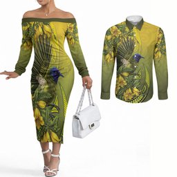 New Zealand Bellbird Couples Matching Off The Shoulder Long Sleeve Dress and Long Sleeve Button Shirt With Kowhai Flowers