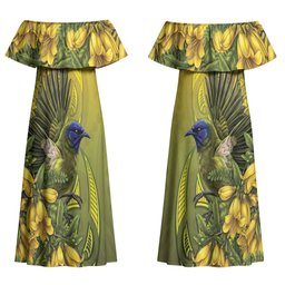 New Zealand Bellbird Couples Matching Off Shoulder Maxi Dress and Long Sleeve Button Shirt With Kowhai Flowers