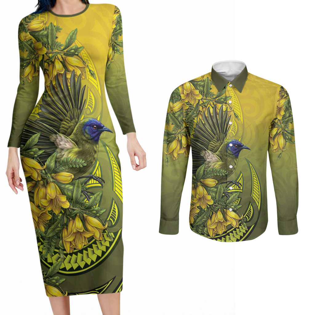 New Zealand Bellbird Couples Matching Long Sleeve Bodycon Dress and Long Sleeve Button Shirt With Kowhai Flowers