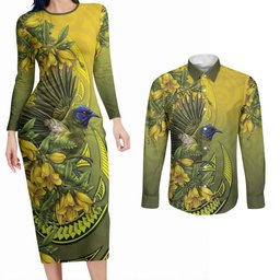 New Zealand Bellbird Couples Matching Long Sleeve Bodycon Dress and Long Sleeve Button Shirt With Kowhai Flowers