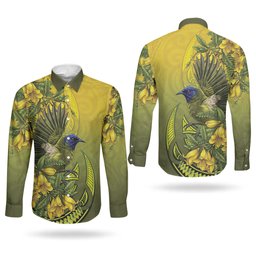 New Zealand Bellbird Couples Matching Long Sleeve Bodycon Dress and Long Sleeve Button Shirt With Kowhai Flowers