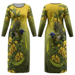 New Zealand Bellbird Couples Matching Long Sleeve Bodycon Dress and Long Sleeve Button Shirt With Kowhai Flowers