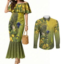 New Zealand Bellbird Couples Matching Mermaid Dress and Long Sleeve Button Shirt With Kowhai Flowers