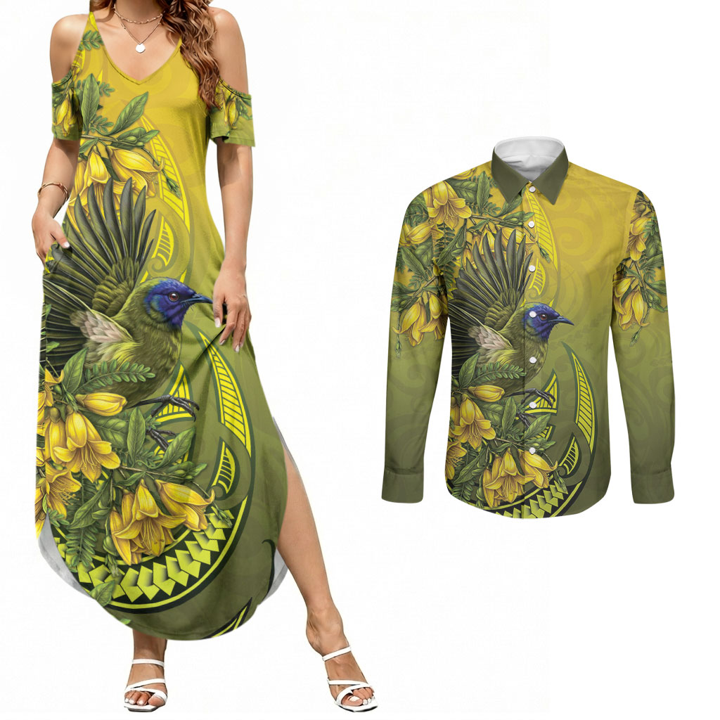 New Zealand Bellbird Couples Matching Summer Maxi Dress and Long Sleeve Button Shirt With Kowhai Flowers