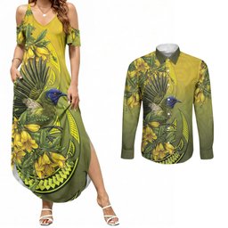 New Zealand Bellbird Couples Matching Summer Maxi Dress and Long Sleeve Button Shirt With Kowhai Flowers
