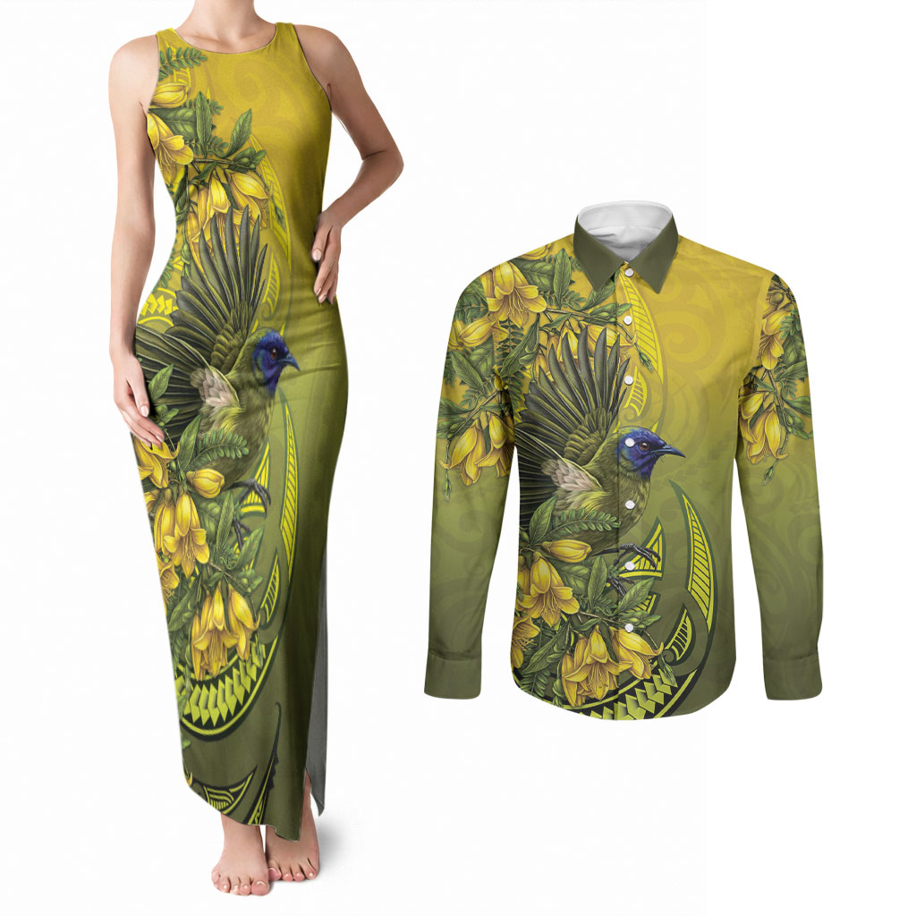New Zealand Bellbird Couples Matching Tank Maxi Dress and Long Sleeve Button Shirt With Kowhai Flowers