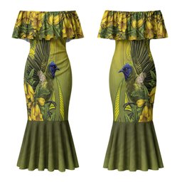 New Zealand Bellbird Couples Matching Mermaid Dress and Long Sleeve Button Shirt With Kowhai Flowers