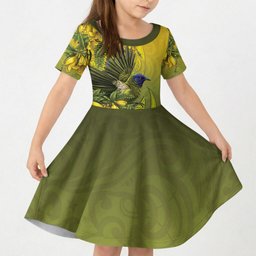 New Zealand Bellbird Kid Short Sleeve Dress With Kowhai Flowers
