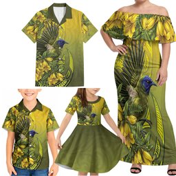 New Zealand Bellbird Family Matching Off Shoulder Maxi Dress and Hawaiian Shirt With Kowhai Flowers