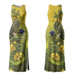 New Zealand Bellbird Couples Matching Tank Maxi Dress and Long Sleeve Button Shirt With Kowhai Flowers