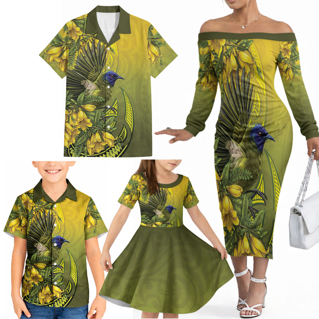New Zealand Bellbird Family Matching Off The Shoulder Long Sleeve Dress and Hawaiian Shirt With Kowhai Flowers