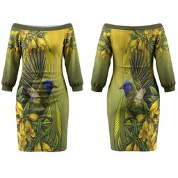 New Zealand Bellbird Family Matching Off The Shoulder Long Sleeve Dress and Hawaiian Shirt With Kowhai Flowers