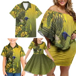 New Zealand Bellbird Family Matching Off Shoulder Short Dress and Hawaiian Shirt With Kowhai Flowers