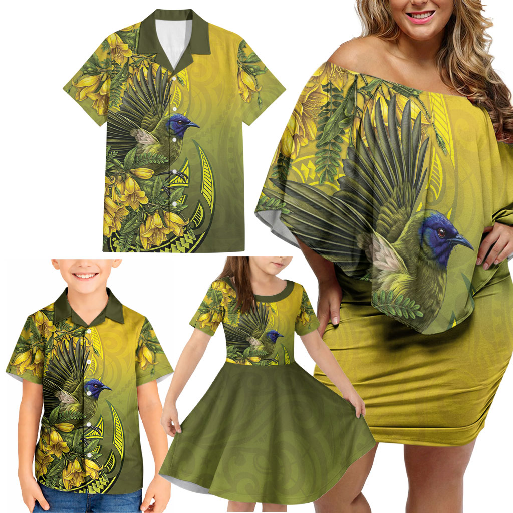New Zealand Bellbird Family Matching Off Shoulder Short Dress and Hawaiian Shirt With Kowhai Flowers