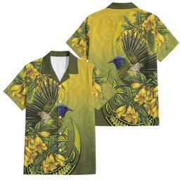 New Zealand Bellbird Family Matching Off The Shoulder Long Sleeve Dress and Hawaiian Shirt With Kowhai Flowers