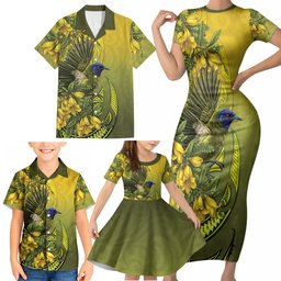 New Zealand Bellbird Family Matching Short Sleeve Bodycon Dress and Hawaiian Shirt With Kowhai Flowers