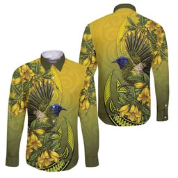 New Zealand Bellbird Family Matching Off Shoulder Short Dress and Hawaiian Shirt With Kowhai Flowers