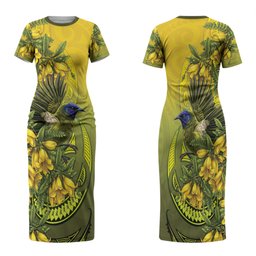 New Zealand Bellbird Family Matching Short Sleeve Bodycon Dress and Hawaiian Shirt With Kowhai Flowers