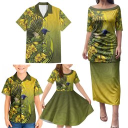 New Zealand Bellbird Family Matching Puletasi and Hawaiian Shirt With Kowhai Flowers