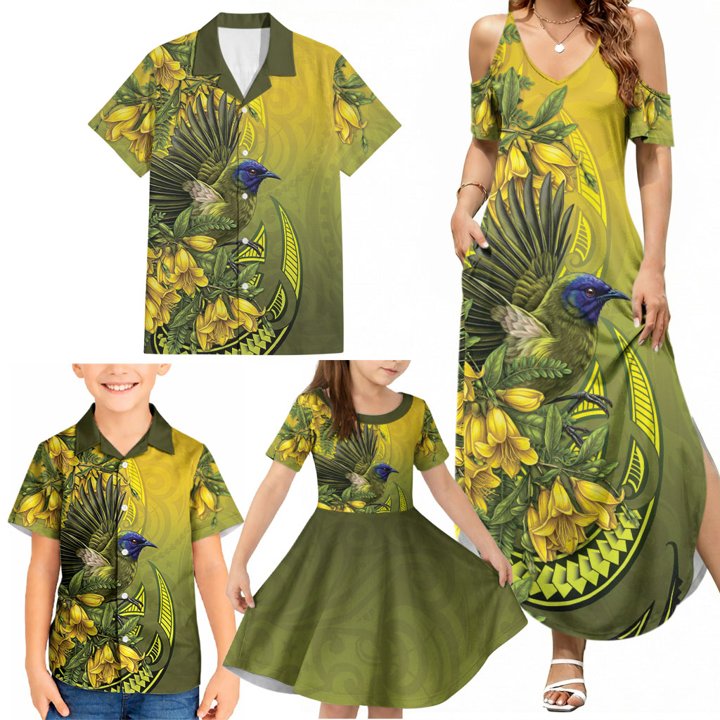 New Zealand Bellbird Family Matching Summer Maxi Dress and Hawaiian Shirt With Kowhai Flowers