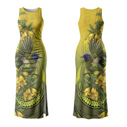 New Zealand Bellbird Family Matching Tank Maxi Dress and Hawaiian Shirt With Kowhai Flowers