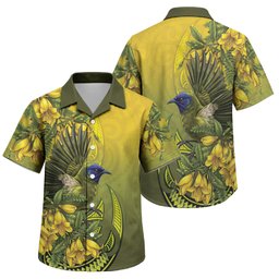 New Zealand Bellbird Family Matching Puletasi and Hawaiian Shirt With Kowhai Flowers