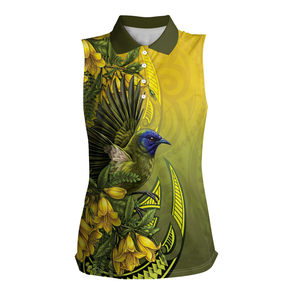 New Zealand Bellbird Women Sleeveless Polo Shirt With Kowhai Flowers