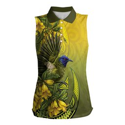 New Zealand Bellbird Women Sleeveless Polo Shirt With Kowhai Flowers