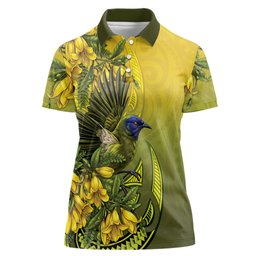 New Zealand Bellbird Women Polo Shirt With Kowhai Flowers