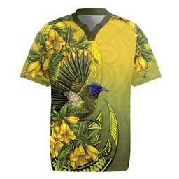 New Zealand Bellbird Rugby Jersey With Kowhai Flowers