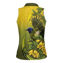 New Zealand Bellbird Women Sleeveless Polo Shirt With Kowhai Flowers