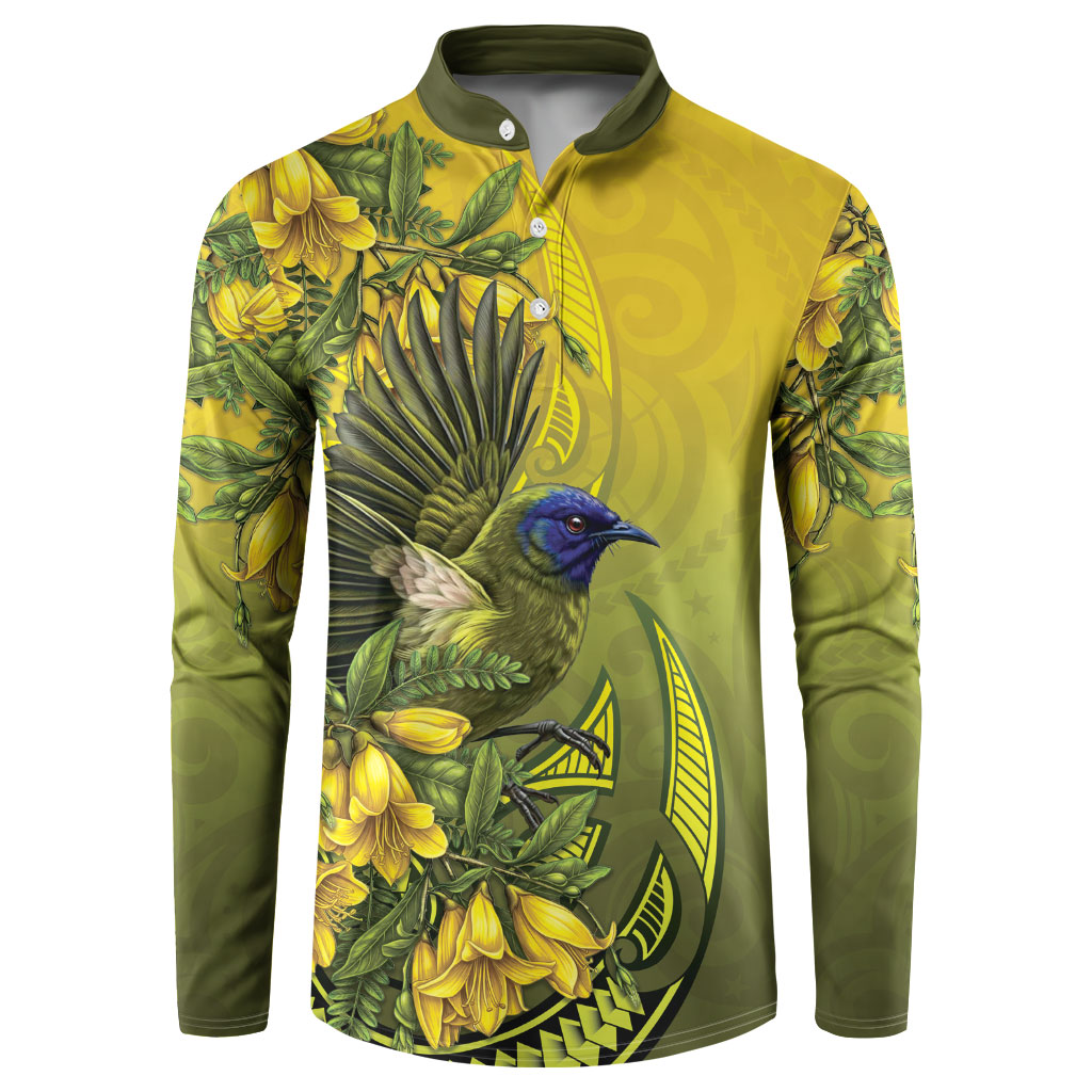 New Zealand Bellbird Button Sweatshirt With Kowhai Flowers