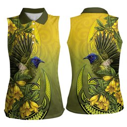 New Zealand Bellbird Women Sleeveless Polo Shirt With Kowhai Flowers