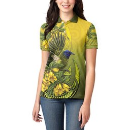 New Zealand Bellbird Women Polo Shirt With Kowhai Flowers