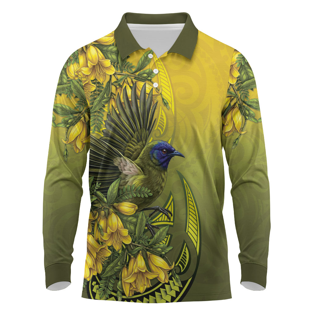 New Zealand Bellbird Long Sleeve Polo Shirt With Kowhai Flowers