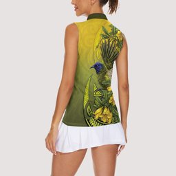 New Zealand Bellbird Women Sleeveless Polo Shirt With Kowhai Flowers