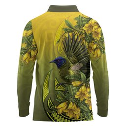 New Zealand Bellbird Long Sleeve Polo Shirt With Kowhai Flowers