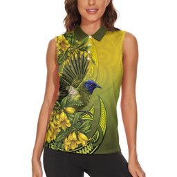 New Zealand Bellbird Women Sleeveless Polo Shirt With Kowhai Flowers