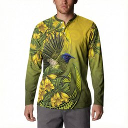 New Zealand Bellbird Button Sweatshirt With Kowhai Flowers