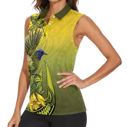 New Zealand Bellbird Women Sleeveless Polo Shirt With Kowhai Flowers