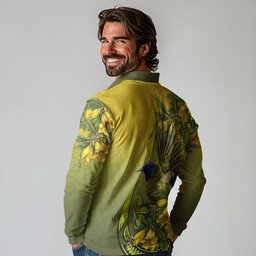 New Zealand Bellbird Long Sleeve Polo Shirt With Kowhai Flowers
