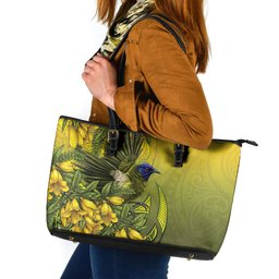 New Zealand Bellbird Leather Tote Bag With Kowhai Flowers