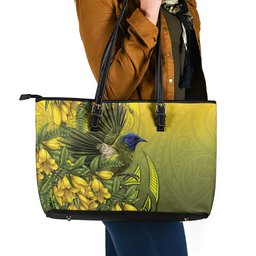 New Zealand Bellbird Leather Tote Bag With Kowhai Flowers