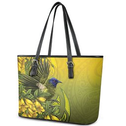 New Zealand Bellbird Leather Tote Bag With Kowhai Flowers