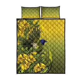 New Zealand Bellbird Quilt Bed Set With Kowhai Flowers