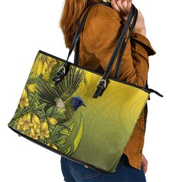New Zealand Bellbird Leather Tote Bag With Kowhai Flowers