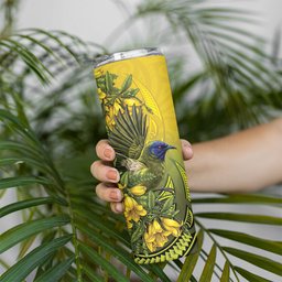 New Zealand Bellbird Skinny Tumbler With Kowhai Flowers