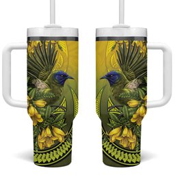 New Zealand Bellbird Tumbler With Handle With Kowhai Flowers