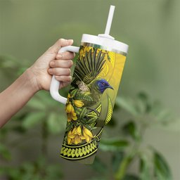 New Zealand Bellbird Tumbler With Handle With Kowhai Flowers