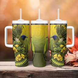New Zealand Bellbird Tumbler With Handle With Kowhai Flowers